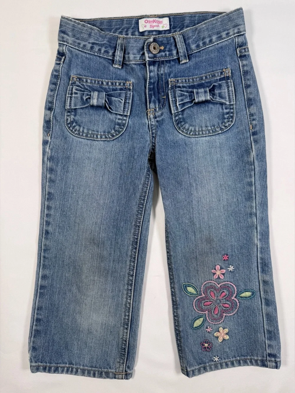 VINTAGE OSHKOSH B’GOSH Girls 7 2000s Embroidered Floral Bow Pocket Jeans Y2K‎